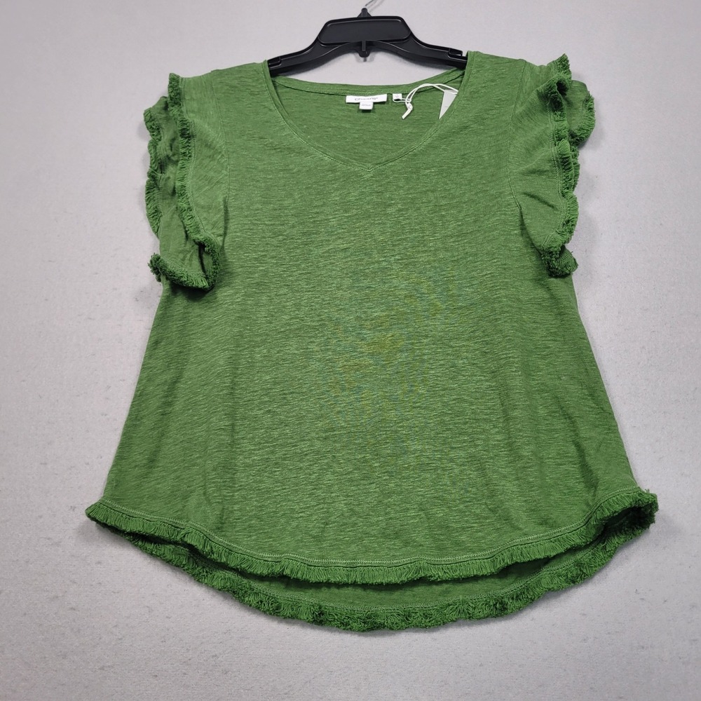 Chicos Banana Leaf Green Linen Flutter Fringe Tank Top Size 1 Medium NEW